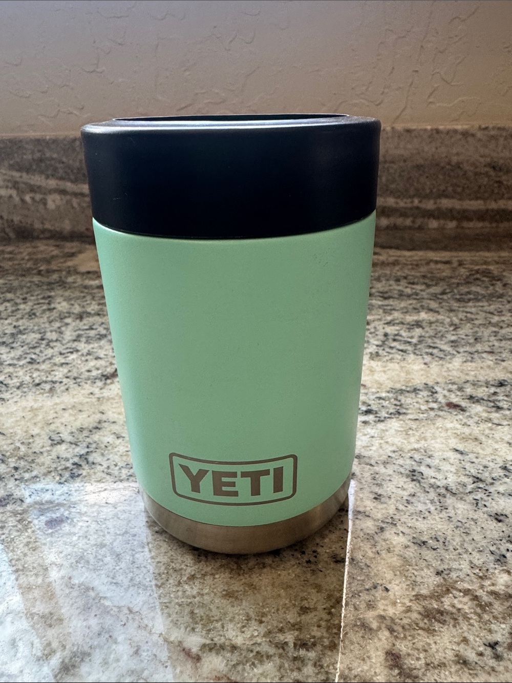 Yeti Seafoam Green Can Insulator with Black Lid and Stainless Base